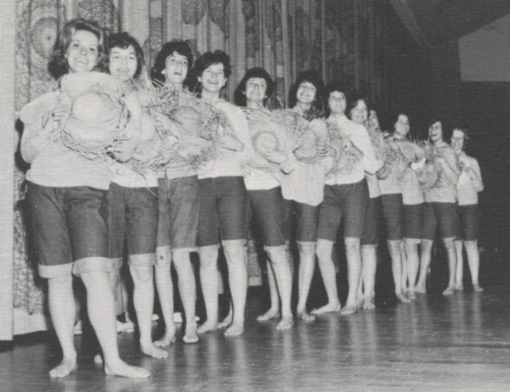 From PantherPix: Slipping back into their "barefoot days" are performers Diane Girouard, Mary Lyons, Kathy Kirwin, Joanne Moore, Betty Gordon, Linda Louraine, Ellie Mayotte, Linda Nickerson, Susan Barrett, Ellen McCaffrey, Rosemary Hickey, and Ann McGinity.