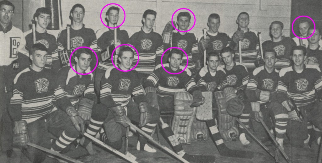 1961-62 Purple Panthers hockey team, with classmates highlighted. Back, l-r: Timothy Wright,  Don Chase, Tom Webber (manager). Front, l-r: Dave Guyer, Tom Nolan, and Gaetan Pelletier.
